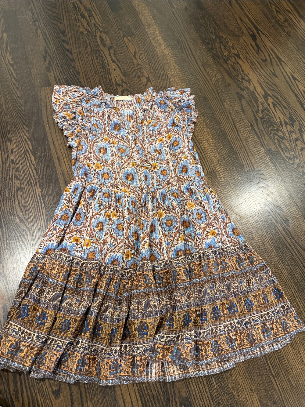 Ulla Johnson Blue and Brown Floral Ruffle Dress